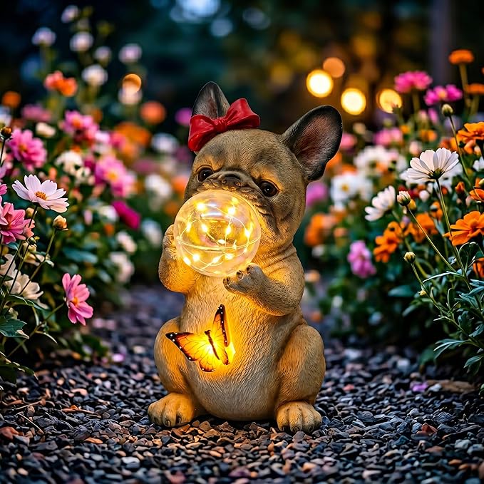 Solar Garden Dog Statue, French Bulldog Garden Statue with LED Bubble and Butterfly, Detachable Outdoor Decorative Stake, Waterproof Yard Decor for Patio, Lawn, Porch, Holiday and Birthday Gifts