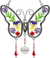 KY&BOSAM Gifts for Grandma Butterfly Suncatcher with Pressed Flower Wings and a Silver Grandma Heart Charm - Stain Glass Panels Grandma Gifts Wind Chime - Mothers Day Birthday Christmas