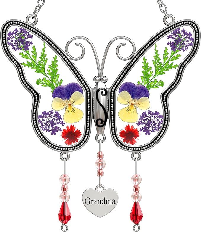 Butterfly Suncatcher Grandma Stained Glass Sun Catcher for Windows Hangings Ornament with Pressed Real Flower Wings in Glass and Metal Heart Charm Birthday Gift for Women Mothers Day Christmas