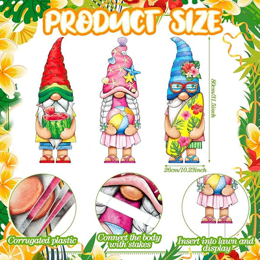 Umigy 3 Pcs Summer Gnome Yard Sign 32 x 10 Inch Outdoor Summer Yard Decor with Stakes Watermelon Beach Ball Surfboard Gnome Lawn Sign Yards Art Stakes for Outdoor Lawn Backyard Porch Garden Decoration