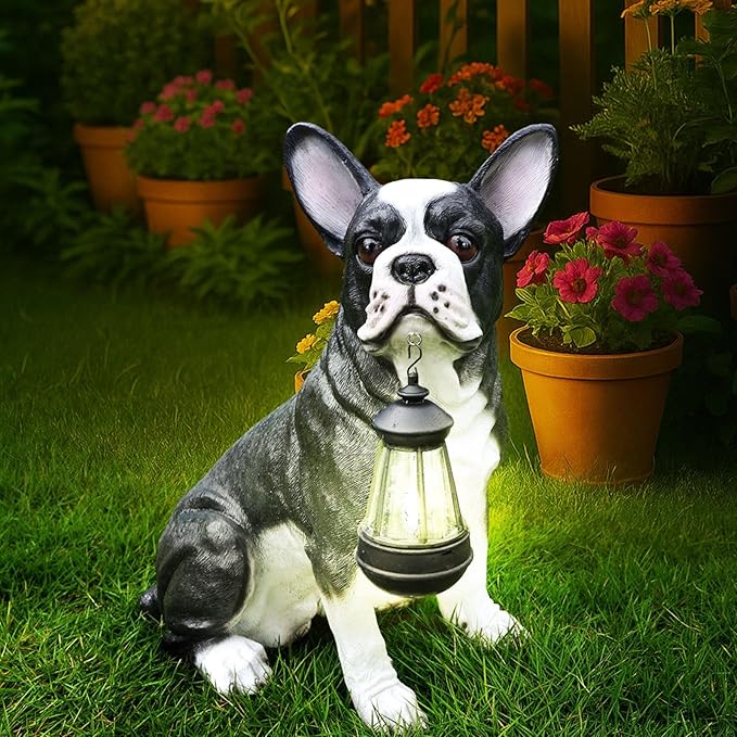 Outdoor Boston Terrier Dog Statue with Interchangeable Welcome Sign and Detachable Solar Lantern –LED Light Garden Dog Sculpture Décor Garden Statue Outdoor Dog Statue for Yard Gift