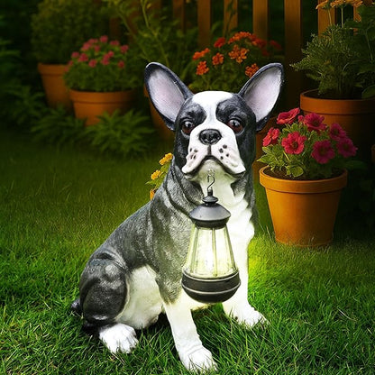 Outdoor Boston Terrier Dog Statue with Interchangeable Welcome Sign and Detachable Solar Lantern –LED Light Garden Dog Sculpture Décor Garden Statue Outdoor Dog Statue for Yard Gift