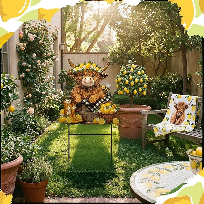 Amyhill Lemon Highland Cow Outdoor Decor Summer Lemon Garden Metal Stakes Decorative Highland Calf Lovers Yard Signs with Stakes for Summer Farmhouse Holiday Garden Lawn Decor