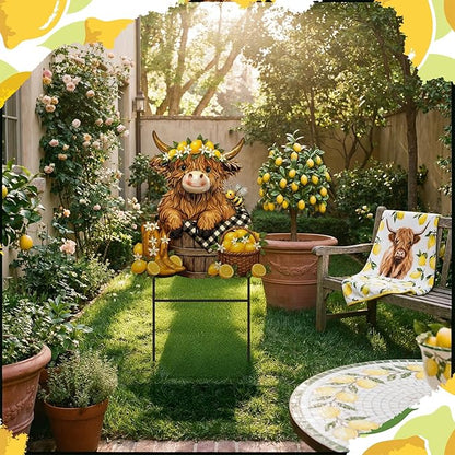 Amyhill Lemon Highland Cow Outdoor Decor Summer Lemon Garden Metal Stakes Decorative Highland Calf Lovers Yard Signs with Stakes for Summer Farmhouse Holiday Garden Lawn Decor