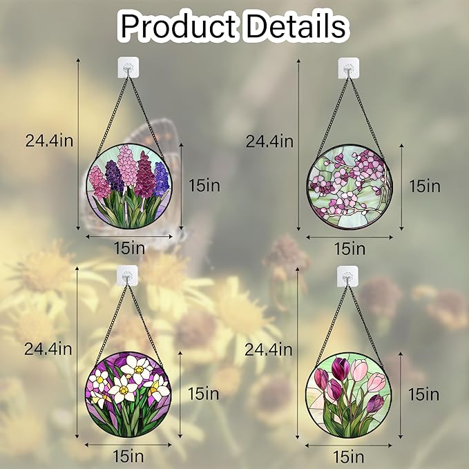 Stained Glass Window Hanging 4 Pcs Set Tulips Plum Flower Daffodils Hyacinths Large 15" - Suncatcher Door Garden Sun Catcher Decor Birthday Mother's Day for Mom Woman Nana