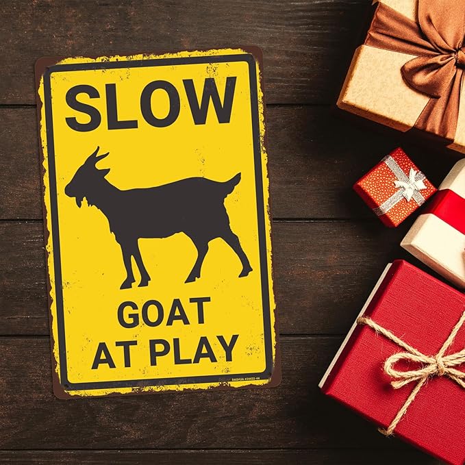 Slow Goat at Play Aluminium Metal Sign, Funny Goat Warning Sign, Vintage Goat Decor, Goat Gift, Goat House Decor, Wall Decor for Farmhouse/Home/Yard/Children Room, 8"x12" Indoor/Outdoor