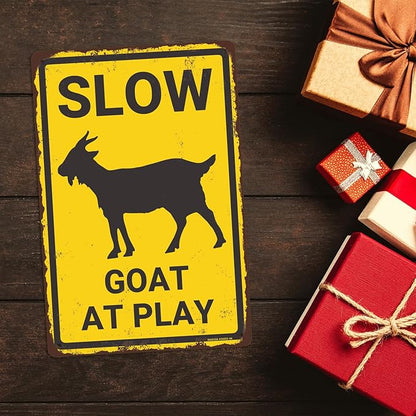 Slow Goat at Play Aluminium Metal Sign, Funny Goat Warning Sign, Vintage Goat Decor, Goat Gift, Goat House Decor, Wall Decor for Farmhouse/Home/Yard/Children Room, 8"x12" Indoor/Outdoor