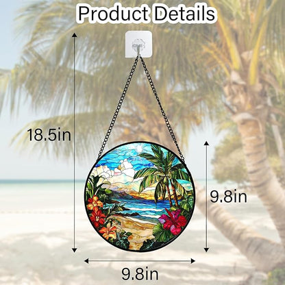 DASTOLL Stained Glass Window Hanging, Blue Beach Scenery Suncatcher Diamond Glass Panel Hangings Sun Catchers Decor for Birthday for Women, Men, Wife, Aunt, and Mom 9.8 in