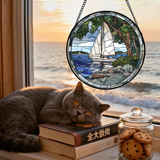 Stained Glass Window Hanging Blue Ocean White Sailboat 6.3" - Nature Suncatcher Door Garden Sun Catcher Home Decor Birthday Christmas for Woman Mom Men Friend Nana