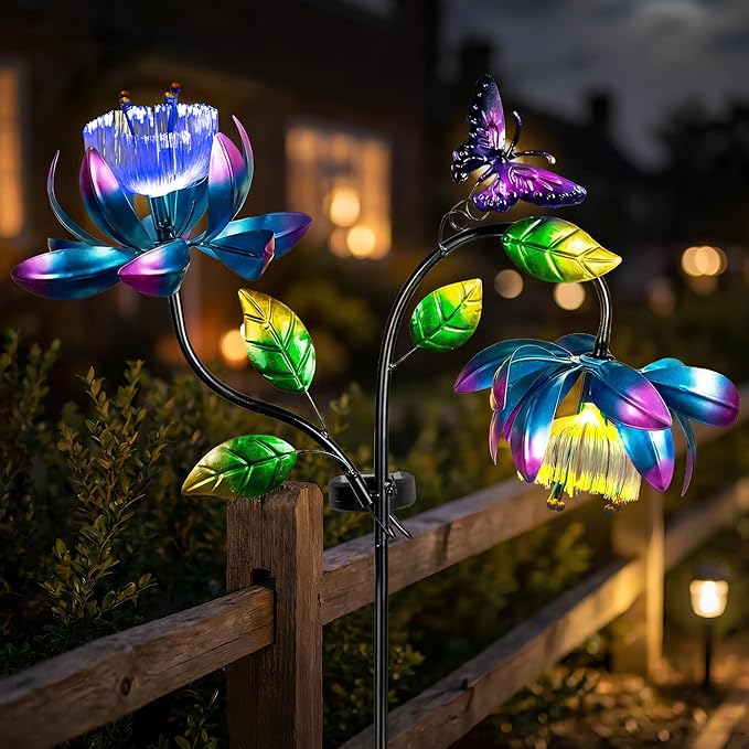 Solar Wind Spinner Outdoor Metal Garden Decor – 2-in-1 Kinetic Double Lotus Flower Stake with Glowing Fiber Optic Lights, Multi-Color Spinning Yard Art Sculpture for Patio, Lawn, and Pathway