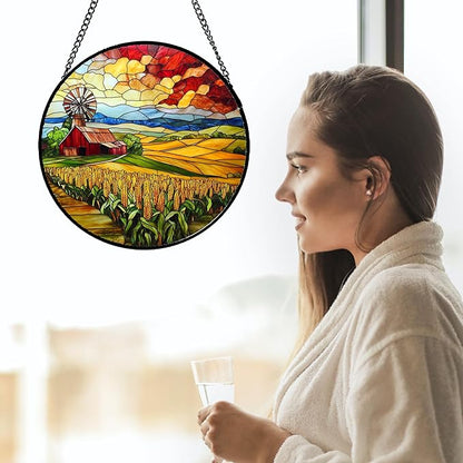 Stained Glass Window Hanging Autumn Farm Corn Harvest Landscape Large 15" - Suncatcher Garden Door Sun Catcher Home Decor Birthday Christmas for Woman Mom Friend Men Nana