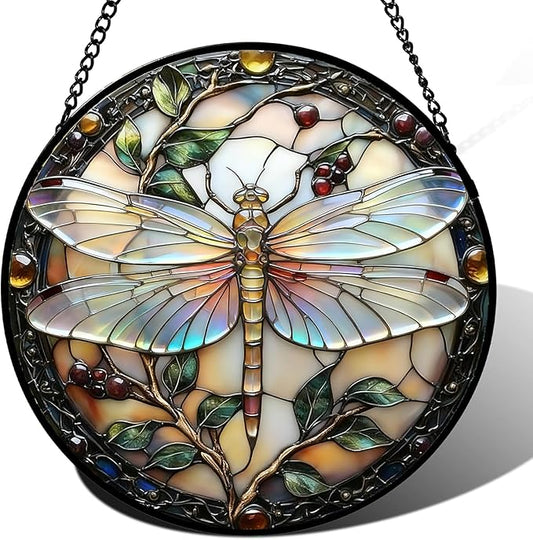 Stained Glass Window Hanging, Dragonfly Plant Suncatcher for Window Doors Garden Home Decoration, Colorful Glass Panel Ornaments for Women,Men,Wife, Lovers, and Mom 7.8x7.8 in