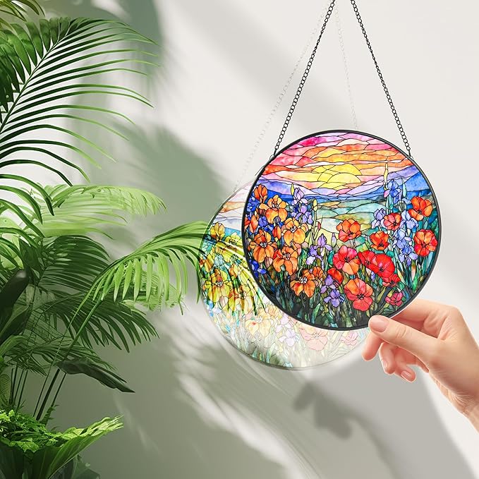 Stained Glass Window Hanging, Flower Sun Catcher for Door Terrace Garden Kitchen Home Decor, Mountain and Sunset Suncatchers for Mother's Day Birthday Gifts for Women Men Dad Mom Nana Wife 6.3 in