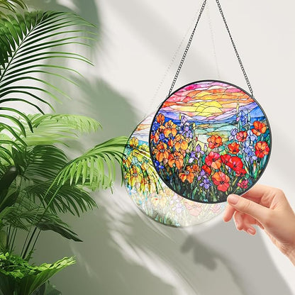 Stained Glass Window Hanging, Flower Sun Catcher for Door Terrace Garden Kitchen Home Decor, Mountain and Sunset Suncatchers for Mother's Day Birthday Gifts for Women Men Dad Mom Nana Wife 6.3 in