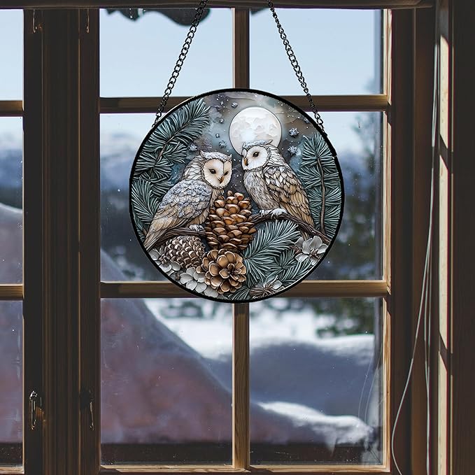 Stained Glass Window Hanging - Owl On A Tree Suncatcher for Doors Garden Patio Winter Scene Sun Catchers Decor Christmas Mother's Day Birthday Gifts for Women Men Mom Nana Friend 11.8 in