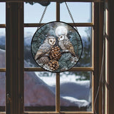 Stained Glass Window Hanging - Owl On A Tree Suncatcher for Doors Garden Patio Winter Scene Sun Catchers Decor Christmas Mother's Day Birthday Gifts for Women Men Mom Nana Friend 11.8 in