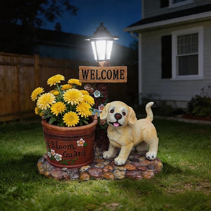 Solar Garden Statue with Planter & Solar Lantern, Outdoor Resin Animal Sculpture, Waterproof Yard Lawn Decor Pot for Succulents, Front Porch Ornament Housewarming Gift (Labrador Retriever Puppy)