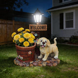 Solar Garden Statue with Planter & Solar Lantern, Outdoor Resin Animal Sculpture, Waterproof Yard Lawn Decor Pot for Succulents, Front Porch Ornament Housewarming Gift (Labrador Retriever Puppy)