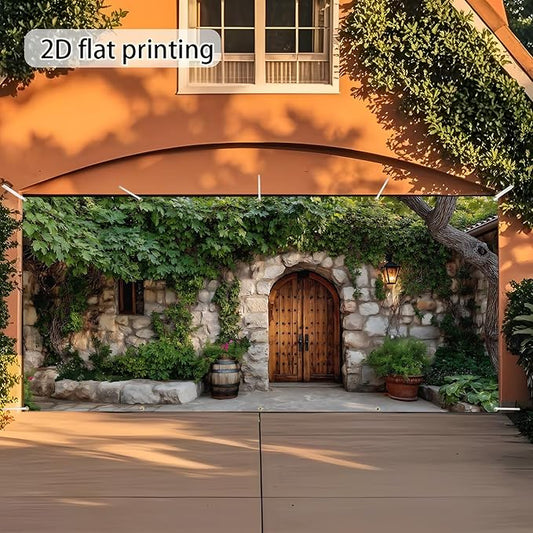Garage door banner cover, 6x13 ft old stone house features ivy background, Large Outdoor Backyard Landscape Decoration (Stone House)