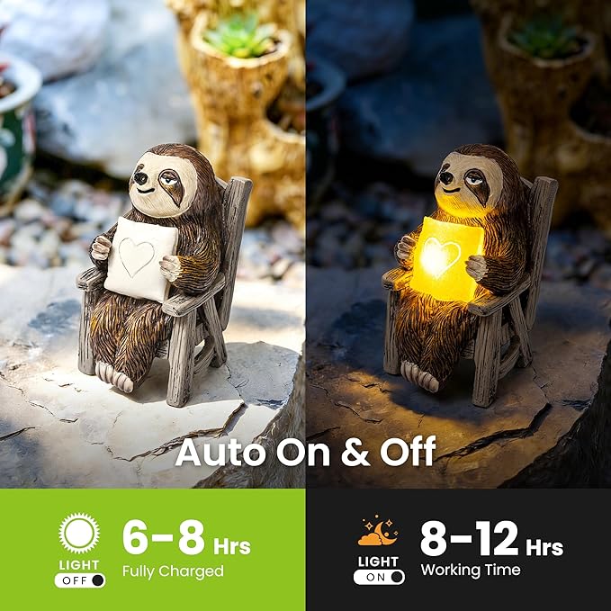 SOWSUN Garden Statue, Solar Sloth Decoration with Light, Outdoor Decor for Patio Table Yard Lawn Balcony Window Sill, Christmas/Birthday Gift for Mom Women