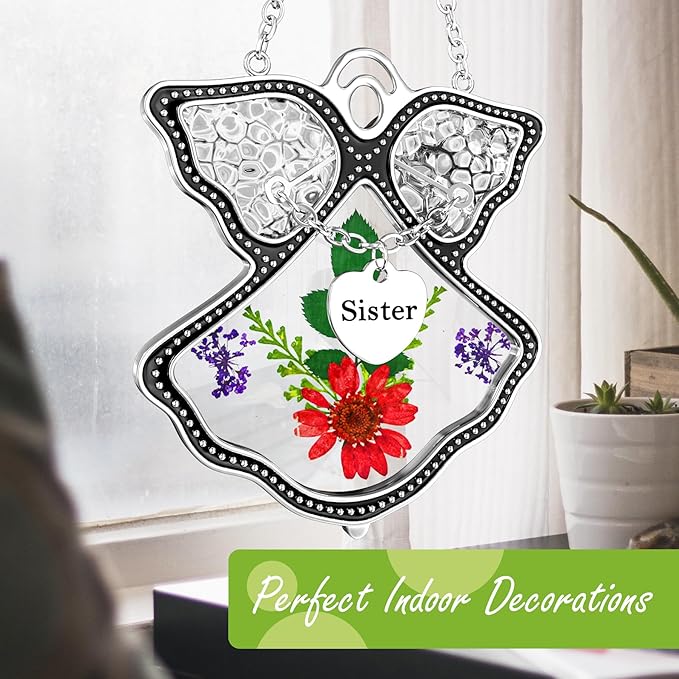 KY&BOSAM Angel Suncatcher Sister Stained Glass Suncatchers for Windows Hangings Wind Chime with Pressed Drived Flower and Metal Charm Birthdays Gifts for Sister Mothers Day Valentine's Christmas Decor