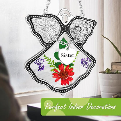 KY&BOSAM Angel Suncatcher Sister Stained Glass Suncatchers for Windows Hangings Wind Chime with Pressed Drived Flower and Metal Charm Birthdays Gifts for Sister Mothers Day Valentine's Christmas Decor
