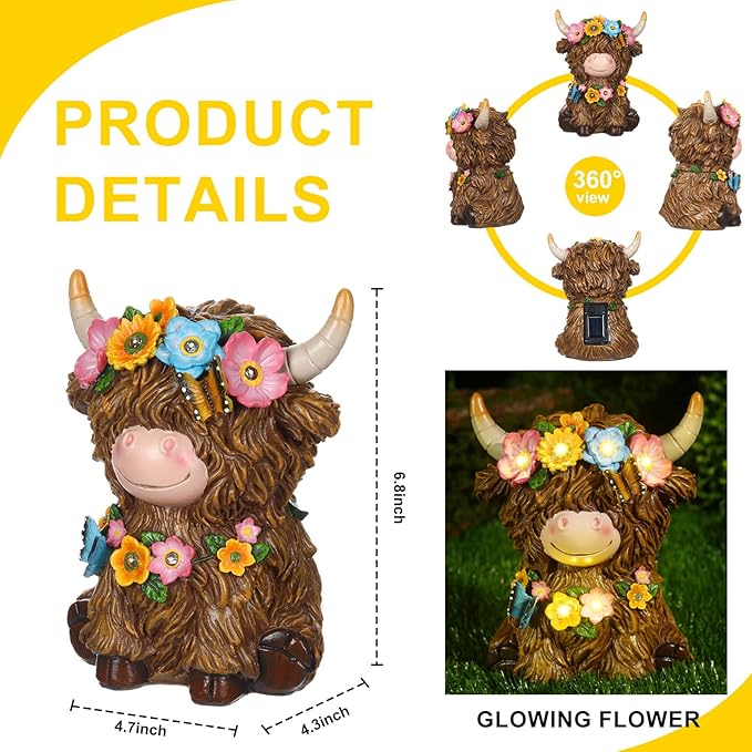Colingmill Highland Cow Resin Figurine Highland Cow Statue Christmas Outdoor Decor with Flower for Patio, Yard, Gift for Mom, Calf Gnome Herd Lovers (Classic)