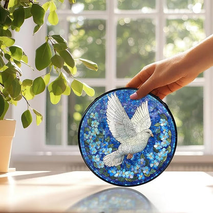 White Dove Bird Suncatchers Stained Glass Window Hanging, Forget Me Not Flower Pigeon Sun Catchers Indoor Window Glass Round Wall Decor, Bird Floral Wall Hanging Decorations, 7.9x7.9in