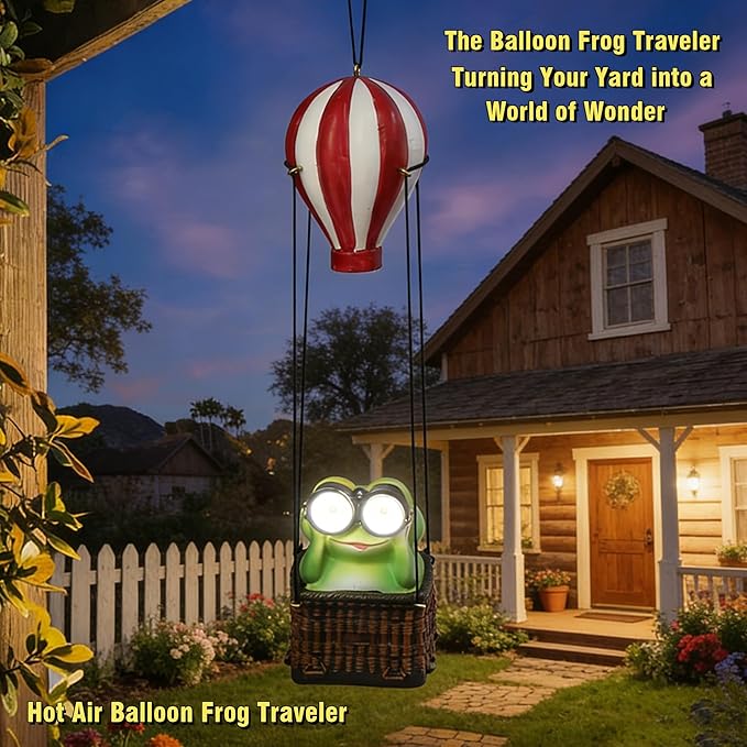 Solar Hot Air Balloon Frog Hanging Garden Statue with Lantern, Cute and Funny Figurine Solar Light Garden Outdoor Waterproof Decoration, Beautifully Crafted Birthday Gifts for Mom or Dad