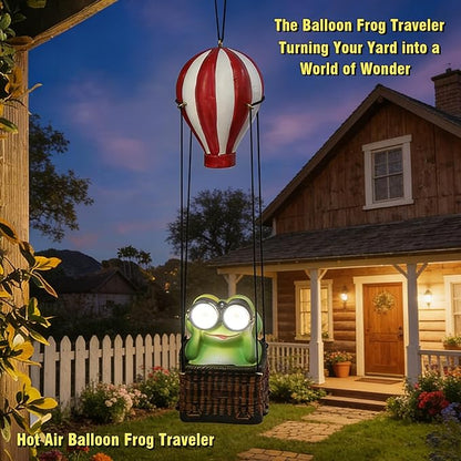 Solar Hot Air Balloon Frog Hanging Garden Statue with Lantern, Cute and Funny Figurine Solar Light Garden Outdoor Waterproof Decoration, Beautifully Crafted Birthday Gifts for Mom or Dad