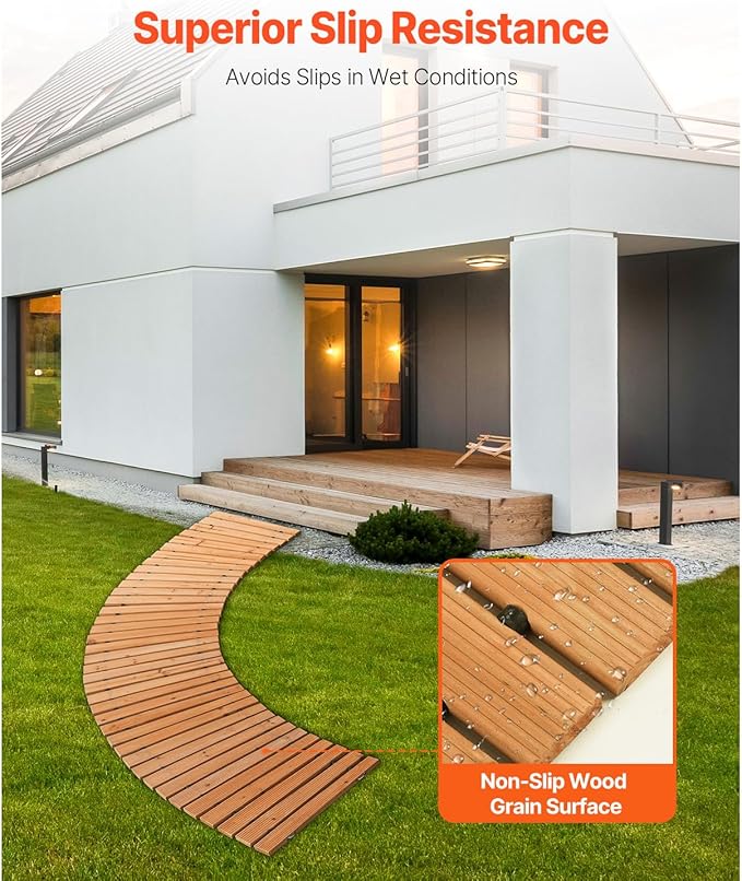 Happybuy Wooden Garden Pathway, 8 ft x 17 in, Non-Slip Curved Walkway. Roll Out Cedar Outdoor Path with Wire Rope Connection. Decorative for Backyard Boardwalk Wedding Party.