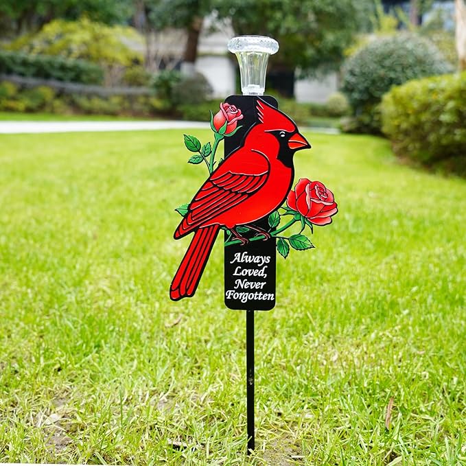 Solar Cardinal Memorial Stakes for Graves - Metal Cemetery Decorations with LED Light, Sympathy Gift for Loss of Mother Mom Grandma, Garden Grave Markers (Red Cardinal)