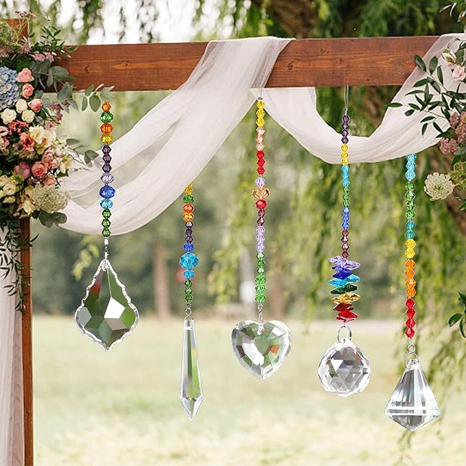 JULMELON 8 Pieces Colorful Crystals Suncatcher Hanging for Window, Rainbow Octogon Chakra Pendants Suncatchers with Crystals Beads Chain for Home Garden Christmas Day Party Wedding Decoration