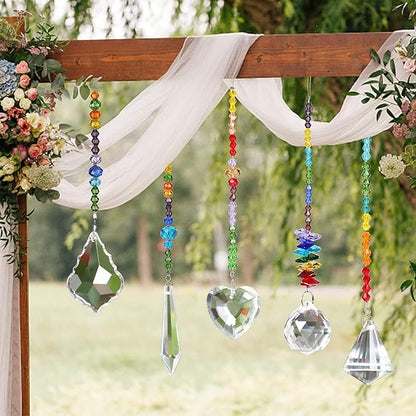 JULMELON 8 Pieces Colorful Crystals Suncatcher Hanging for Window, Rainbow Octogon Chakra Pendants Suncatchers with Crystals Beads Chain for Home Garden Christmas Day Party Wedding Decoration