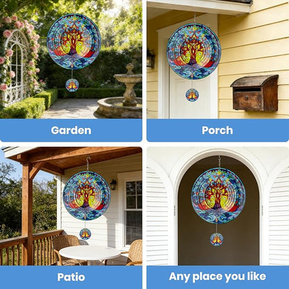 Wind Spinners Outdoor Colorful Tree of Life, 12 inch Laser Cut Metal Art Geometric Pattern Wind Spinners Decor Birthday Gifts for Women, Mom - Hanging Kinetic for Yard, Garden, Patio, Outdoor