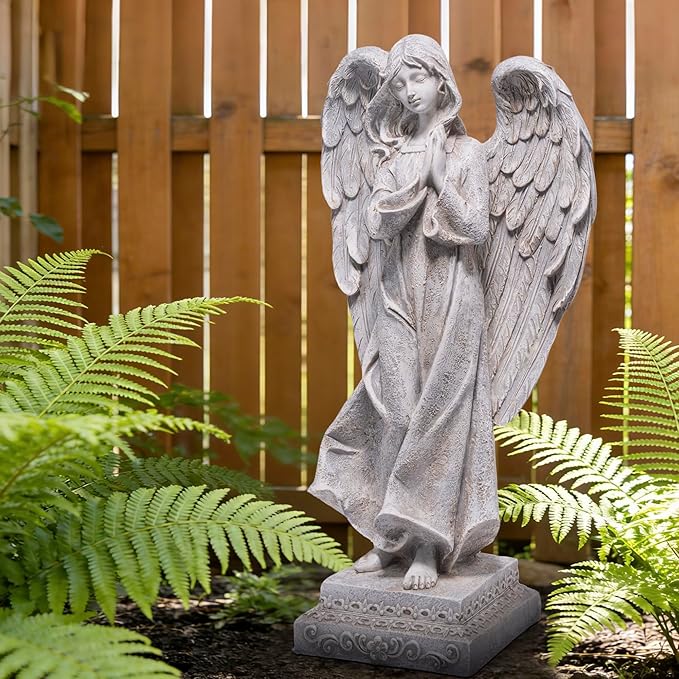 basen Praying Angel Garden Statue, Outdoor Memorial Angel Figurine for Garden Yard Lawn Patio, Resin Angel Sculpture Decoration for Grave Memorial, Cemetery Ornament Sympathy Gift