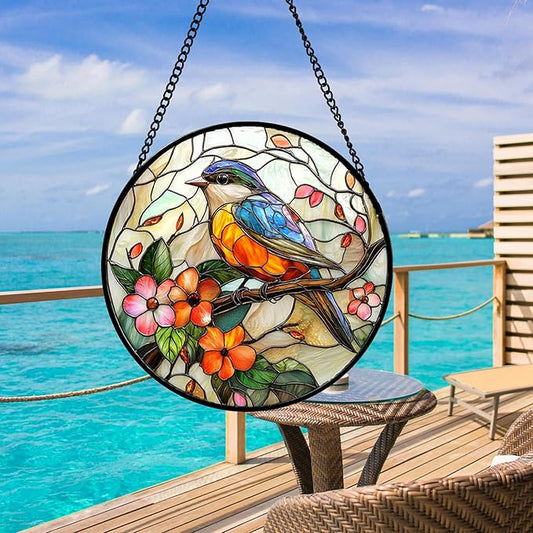DASTOLL Stained Glass Window Hanging, Blue Bird Pink Flower Suncatcher Diamond Glass Panel Bird Sun Catchers Decor for Birthday for Women, Men, Wife, Aunt, and Mom 14.9x14.9 in