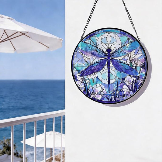 Stained Glass Sun Catcher,A Blue DragonflyStained Glass Window Hanging Garden Decor,Sun Catchers Indoor Window,Whimsical Decoration for Home Backyard Patio Lawn Porch with 9.8 INCH