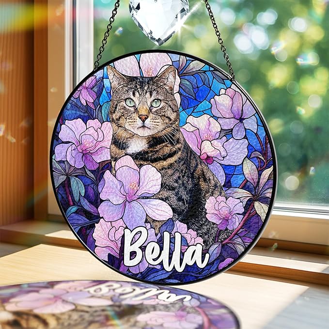 Personalized Pet Stained Glass Suncatcher Custom Name Pet Photo Ornament Window Hanging Holiday Home Decor Sympathy Gift for Loss of Dog Cat Memorial Keepsake Remembrance Gift for Dog Lovers