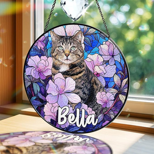 Personalized Pet Stained Glass Suncatcher Custom Name Pet Photo Ornament Window Hanging Holiday Home Decor Sympathy Gift for Loss of Dog Cat Memorial Keepsake Remembrance Gift for Dog Lovers