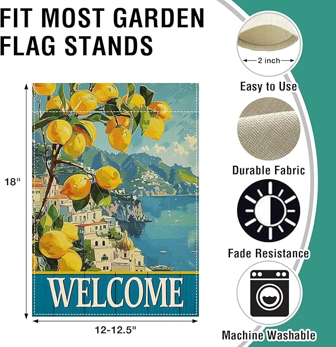 Artofy Welcome Italy Lemon Tree Beach Small Decorative Garden Flag, Amalfi Coast Coastal Town Citrus Yard Lawn Outside Decor, Summer Mediterranean Burlap Outdoor Home Decoration Double Sided 12 x 18
