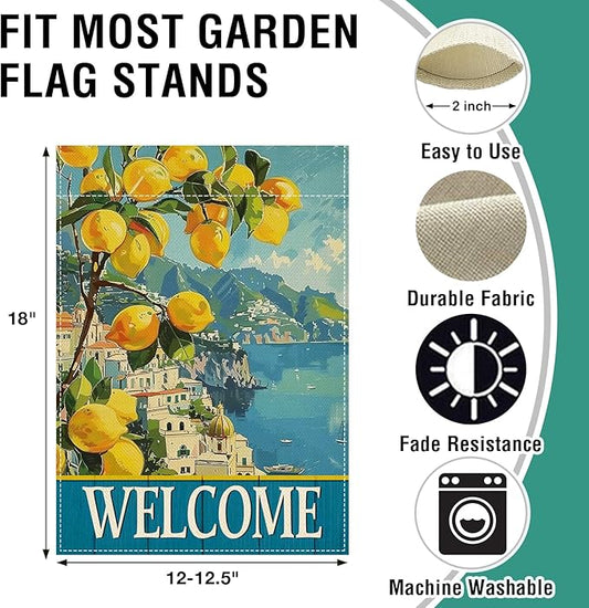 Artofy Welcome Italy Lemon Tree Beach Small Decorative Garden Flag, Amalfi Coast Coastal Town Citrus Yard Lawn Outside Decor, Summer Mediterranean Burlap Outdoor Home Decoration Double Sided 12 x 18