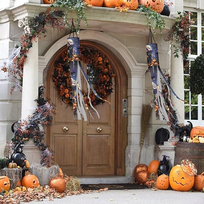 Jeiento Halloween Night Black Cat Welcome Fall Windsock Flag 40" Wind Socks for Outside Hanging Garden Windsock for Trees Balcony Porch Patio Lawn Home Holiday Decor