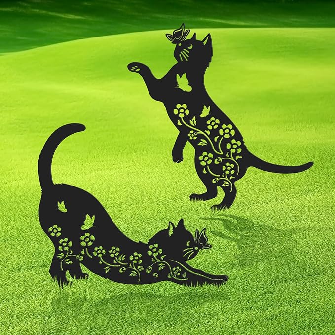 2 Pcs Black Cat Silhouette Cute Metal Cat Decor for Cat Lovers Decorative Garden Stakes for Yard Garden Lawn Outdoor Decorations (Cat)
