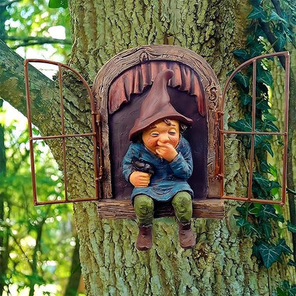 7.1-inch Elf Out The Door Tree Hugger,Fairy Garden Gnome Statue, Hanging Resin Gnome Figurine,Whimsical Tree Sculpture,Garden Peeker Statue,Ideal Patio Yard Lawn Porch Decoration