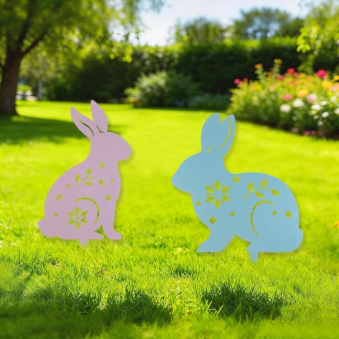 2 Pcs Easter Bunny Yard Signs Iron Rabbit Silhouette Decoration Pink and Blue Metal Rabbit Yard Art for Outdoor Lawn Garden Spring Decor