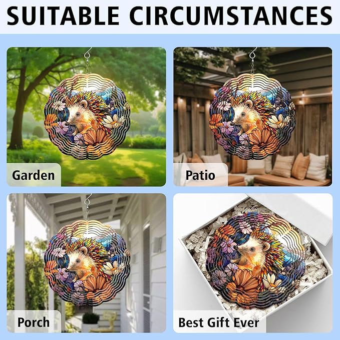 Hedgehog Wind Spinner, Hedgehog Stained Glass Wind Spinner, Wind Sculpture Hedgehog Wind Spinners for Garden Patio Yard Decor