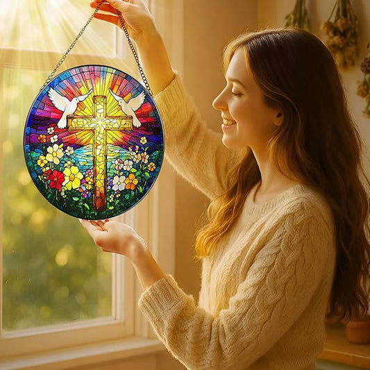 8'' Cross Stained Glass Ornament, Religious Suncatcher, Christian Window Hanging Decor, Easter Decor, Gifts for Christmas, Religious Gift, Christian Gift