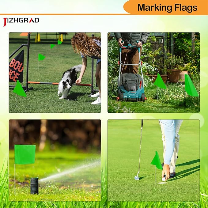 50Pack Green Marking Flags, JIZHGRAD 13x4x5 Inch Marker Flags Use for Yard & Lawn, Boundary & Dog Training, Survey & Landscape, Sprinkler & Surveyor, Garden & Construction, High Visibility, Sturdy, Versatile, UV & Weather Resistant