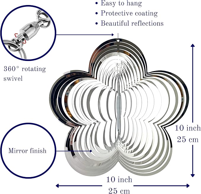 Wind Spinner Metal Garden Spinners Outdoor Garden Art for Backyard Outdoor Hanging Decor and Spinners for Yard and Garden Ornaments 3D Shape (Silver Flower)